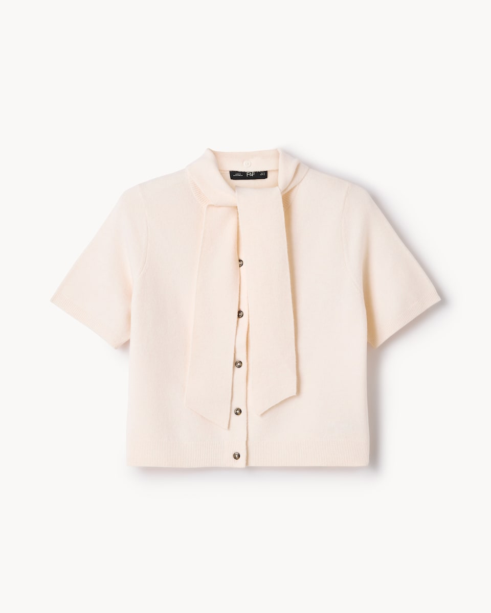 F&F Short Sleeved Tie Neck Knitted Top in Neutral