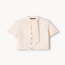 F&F Short Sleeved Tie Neck Knitted Top in Neutral