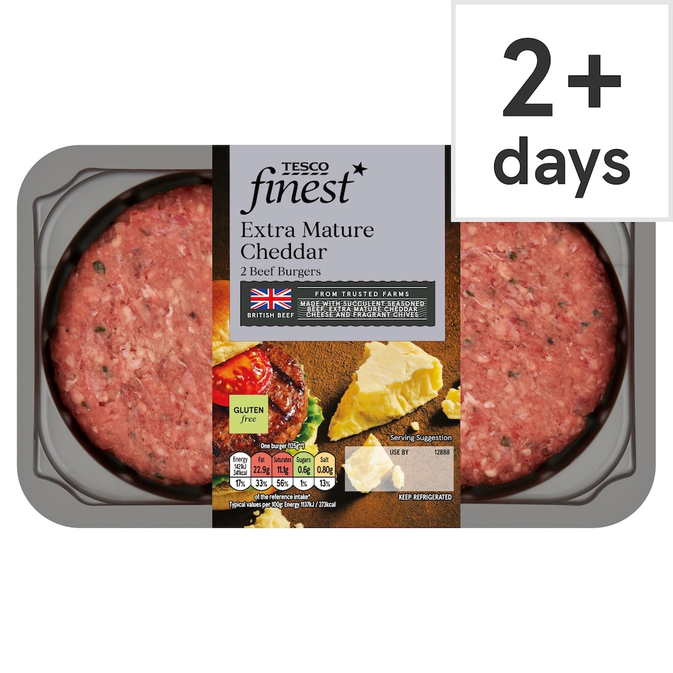 Tesco Finest Extra Mature Cheddar 2 Beef Burgers 340g
