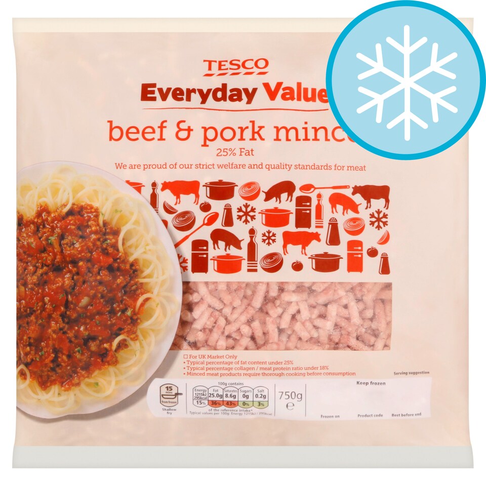 TESCO EDAY VALUE BEEF & PORK MINCE 750G