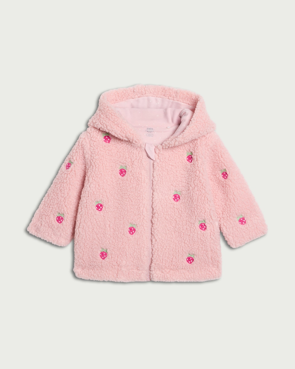 image 1 of F&F Baby Strawberry Embroidered Fleece Jacket in Pink