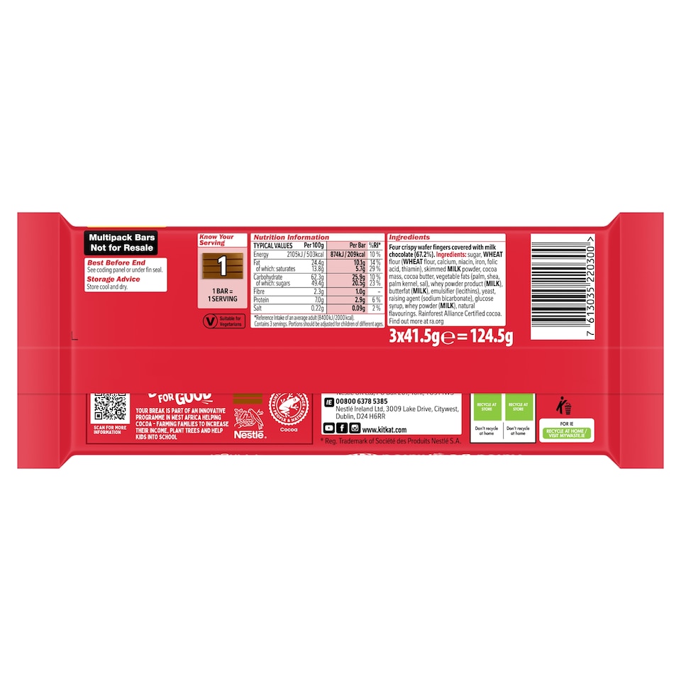 image 1 of Kit Kat 4 Finger Chocolate Bar 3X41.5G