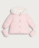 image 1 of F&F Baby Bow Print Shower Resistant Puffer Jacket with Mittens in Pink
