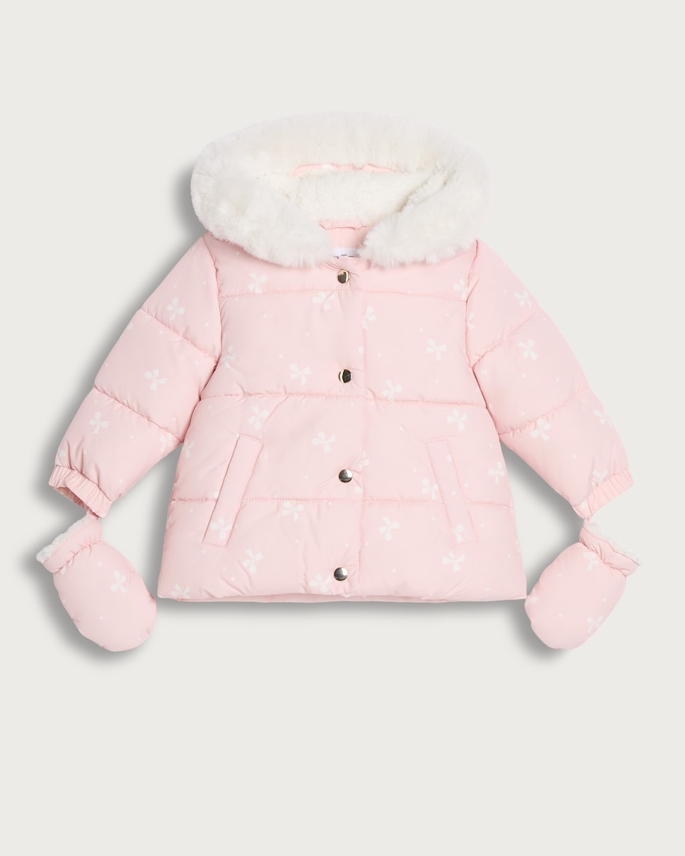 image 1 of F&F Baby Bow Print Shower Resistant Puffer Jacket with Mittens in Pink