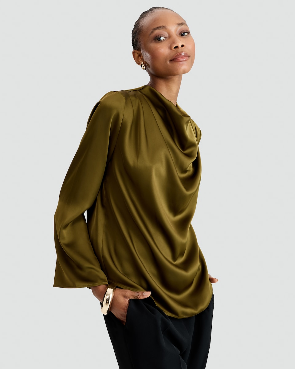 image 1 of F&F Satin Look Cowl Neck Blouse in Green