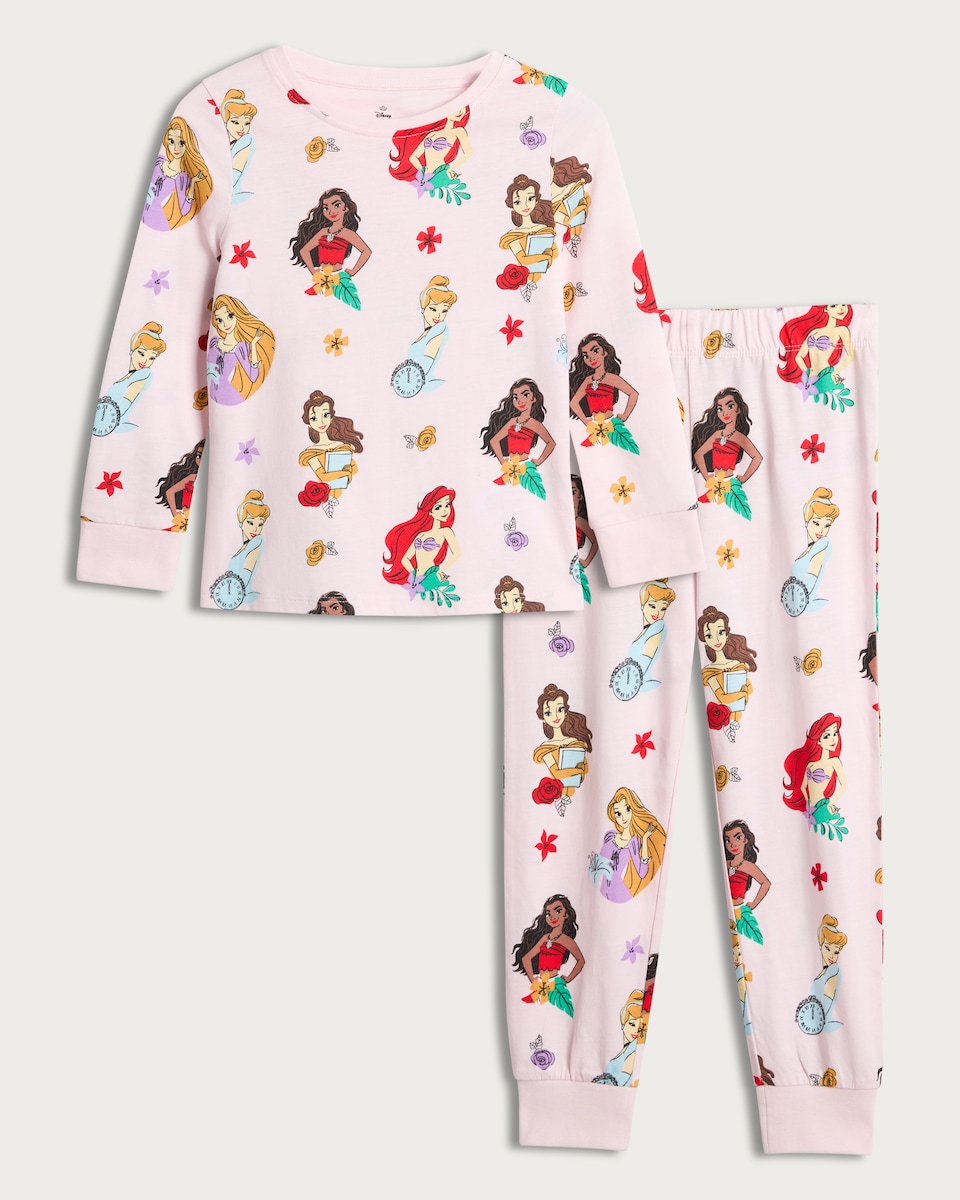 image 1 of Disney Princess Print Pure Cotton Top and Cuffed Joggers Pyjamas in Multi