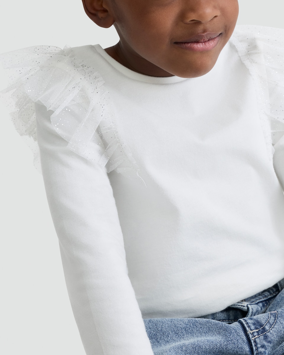 image 1 of F&F Girls Pure Cotton Ruffle Shoulder Long Sleeved Top in White