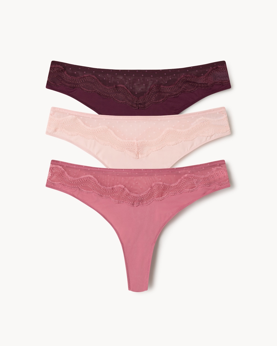 image 1 of F&F 3-Pack Mesh Lace Trim Thongs in Multi
