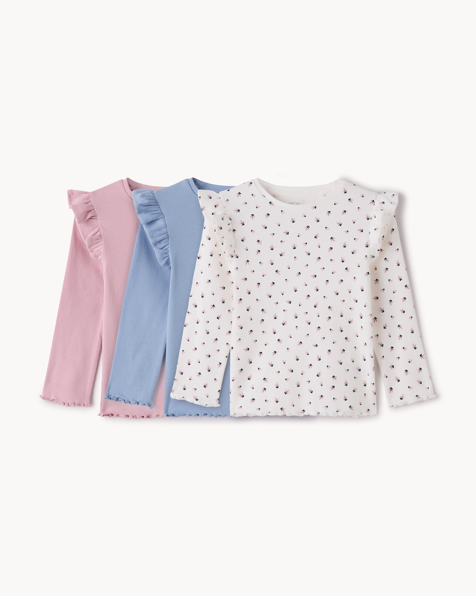 image 1 of F&F Girls 3-Pack Cotton-Rich Floral Long Sleeved Tops in Multi Blue