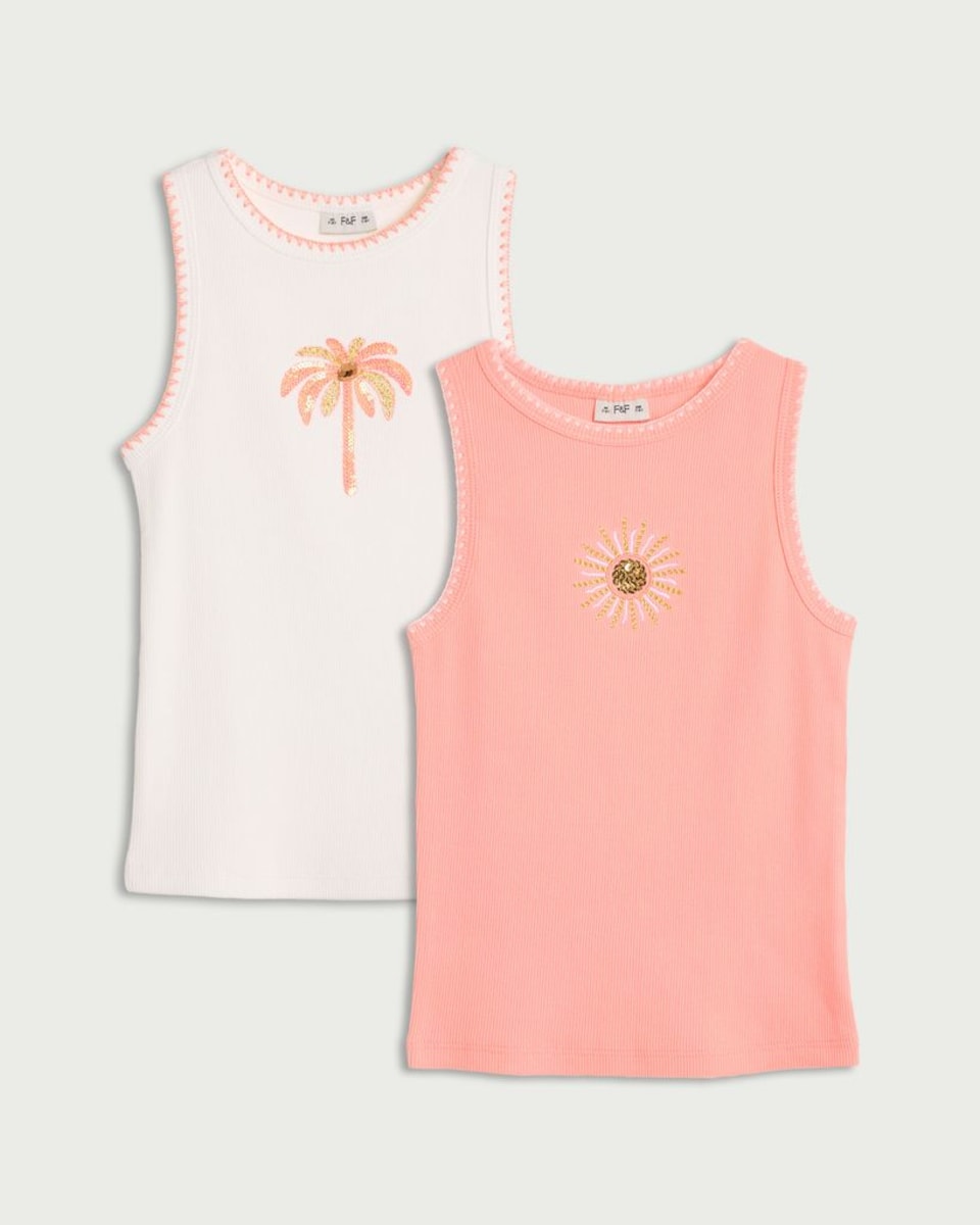image 1 of F&F Girls 2-Pack Cotton Rich Palm and Sun Print Vests in Coral