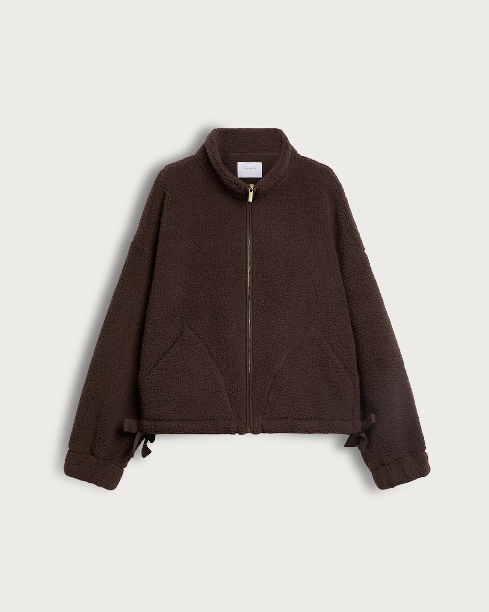 image 1 of F&F Textured Fleece Zip Up Pyjama Top in Brown