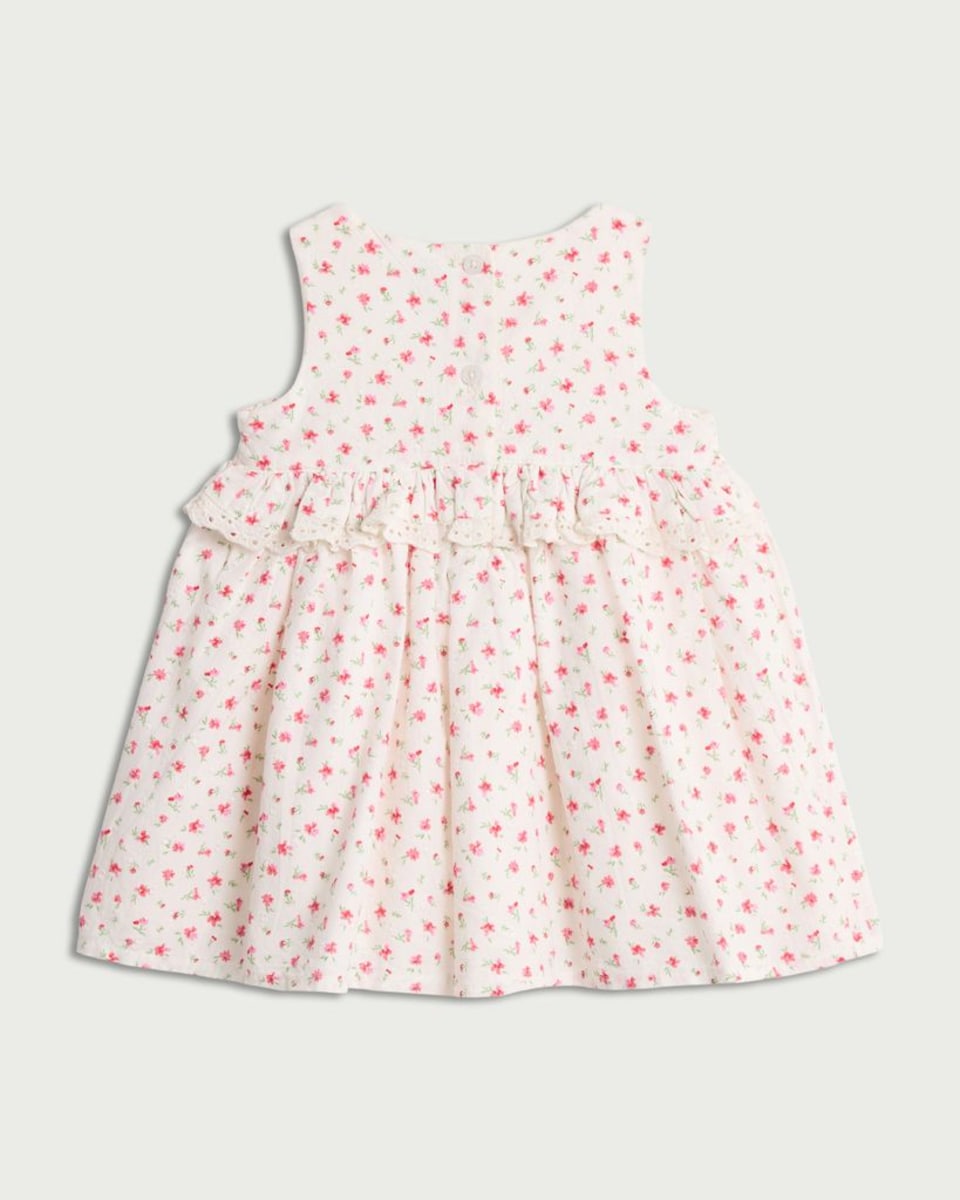image 1 of F&F Baby Pure Cotton Floral Smocked Sleeveless Dress in Cream