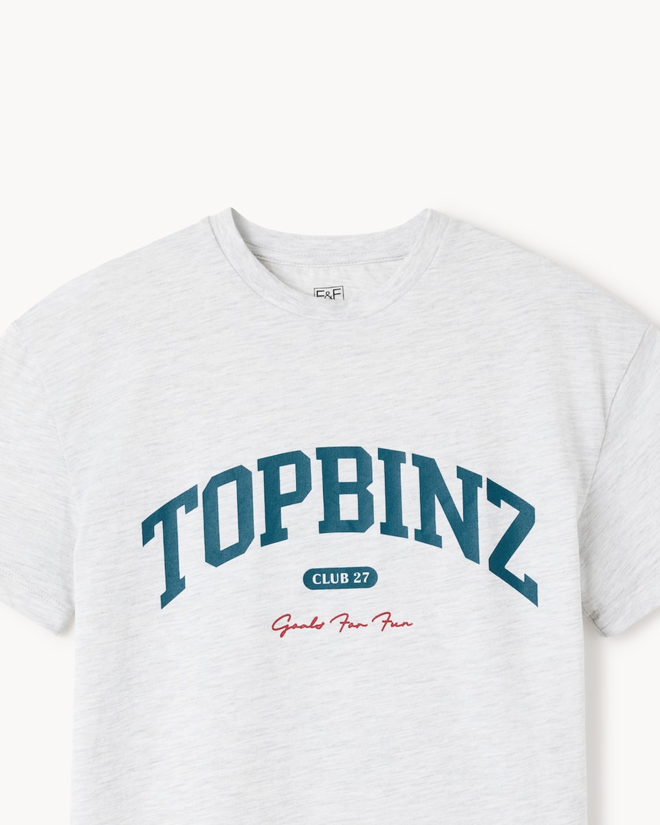 image 1 of F&F Boys Cotton Blend Slogan T-Shirt in Grey Marl