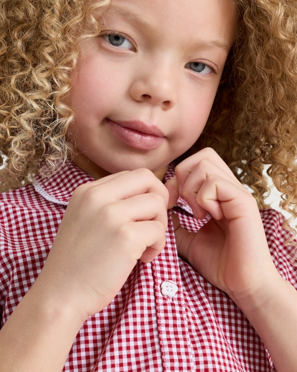 image 1 of F&F School Girls Cotton Rich Gingham Tiered Dress in Red