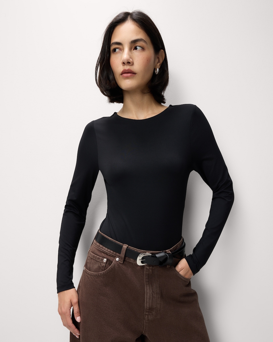 image 1 of F&F Polyamide Crew Neck Long Sleeved Bodysuit in Black