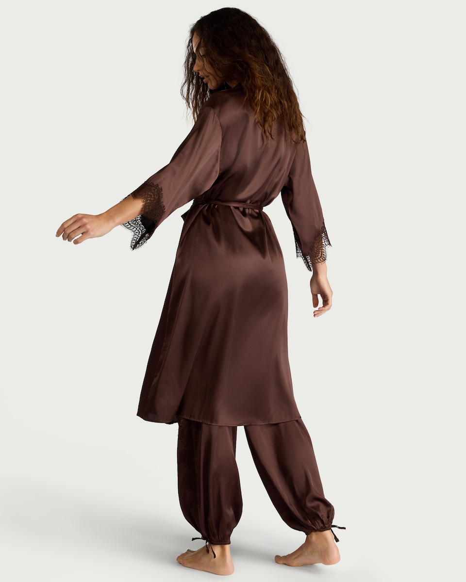 image 1 of F&F Satin Lace Trim Dressing Gown in Chocolate