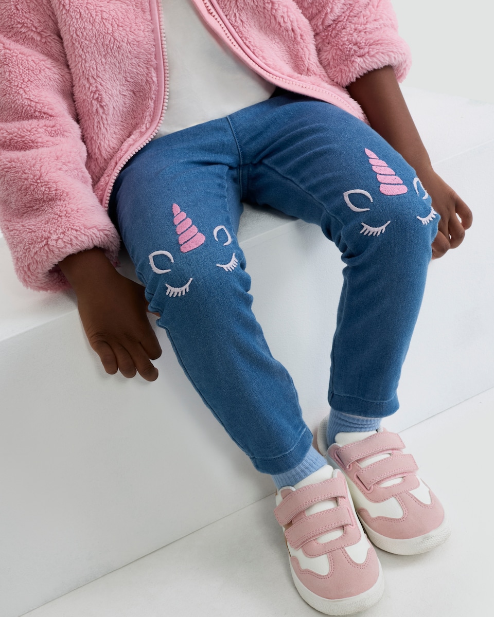 image 1 of F&F Girls Cotton Rich Unicorn Embroidered Denim Jeans in Multi