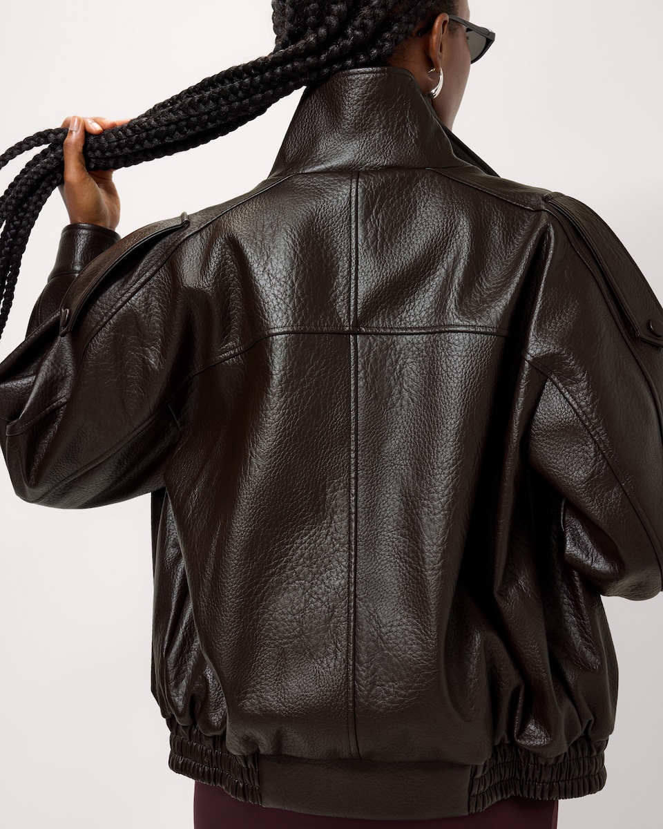 image 1 of F&F Faux Leather Funnel Neck Oversized Fit Jacket in Brown