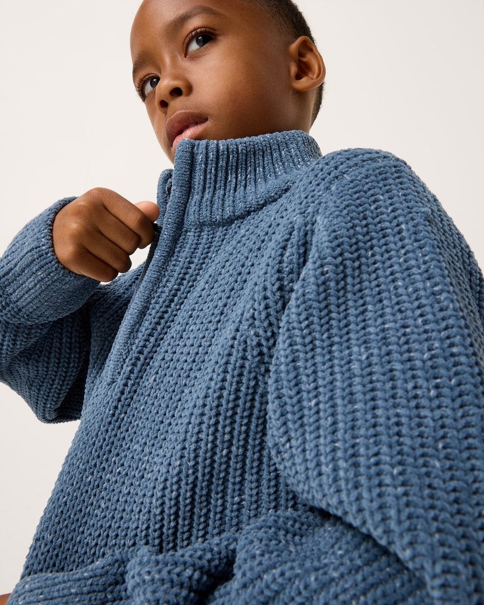 image 1 of F&F Boys Chenille Knitted Quarter Zip Jumper in Blue