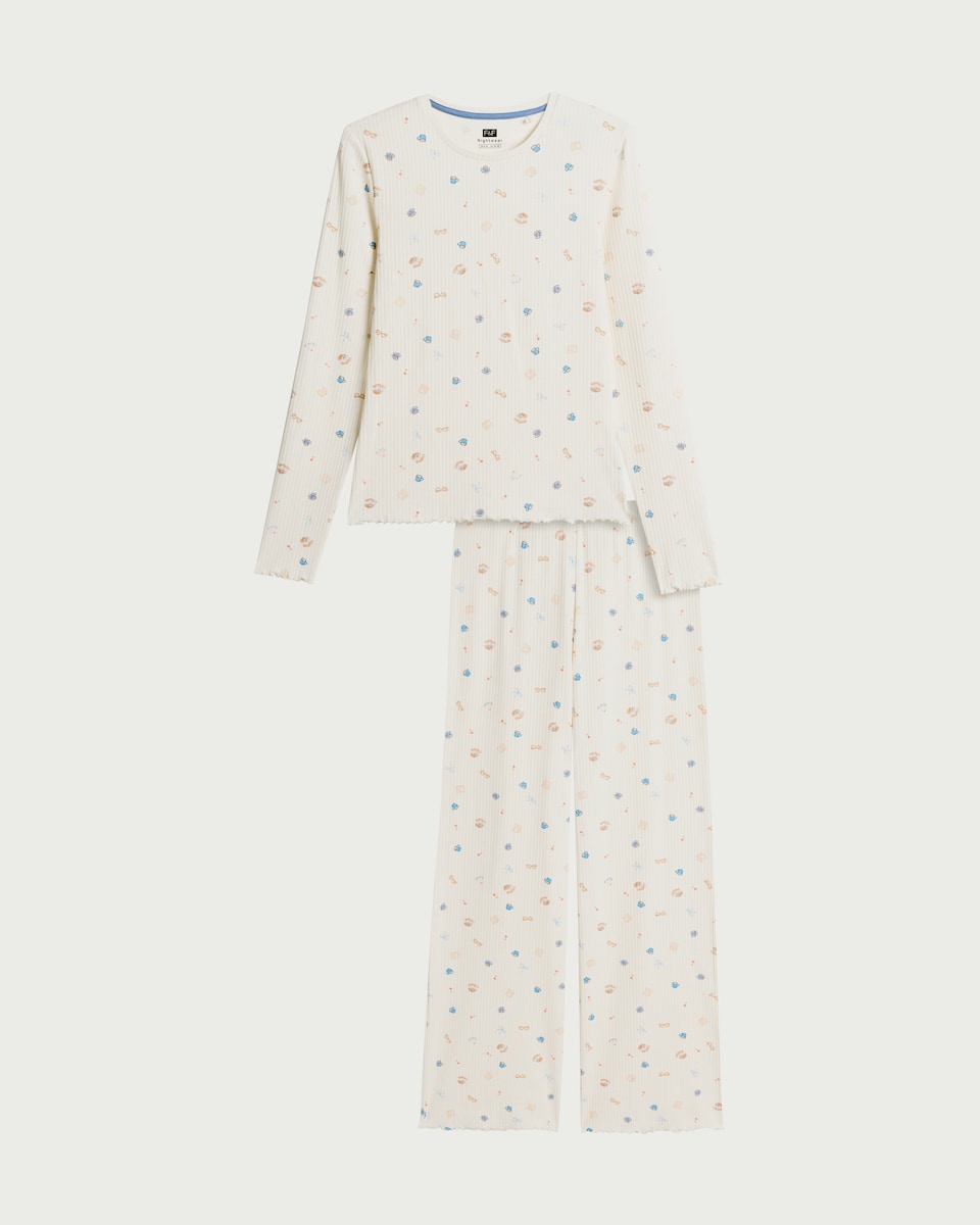 image 1 of F&F Cotton Rich Ribbed Book Club Print Pyjama Set in Cream