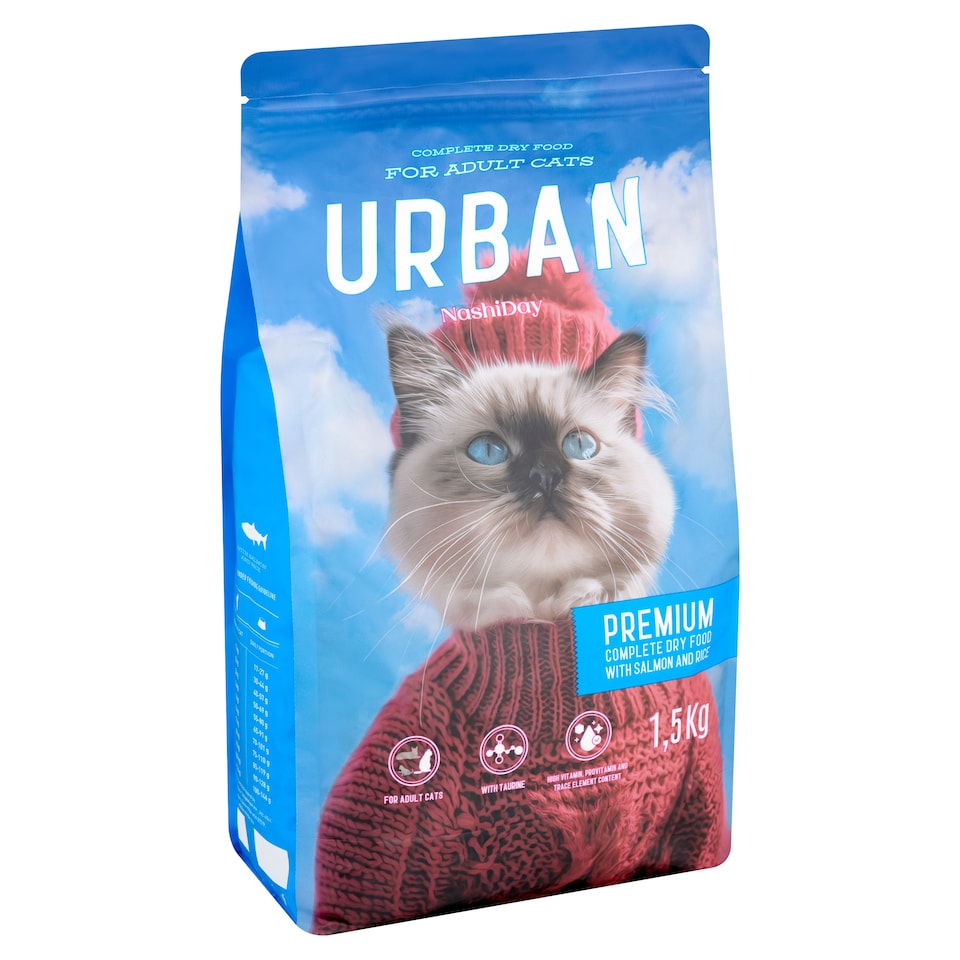 NashiDay Urban tejes értékű száraz állateledel felnőtt macskáknak lazaccal és rizzsel 1,5 kg  1. kép