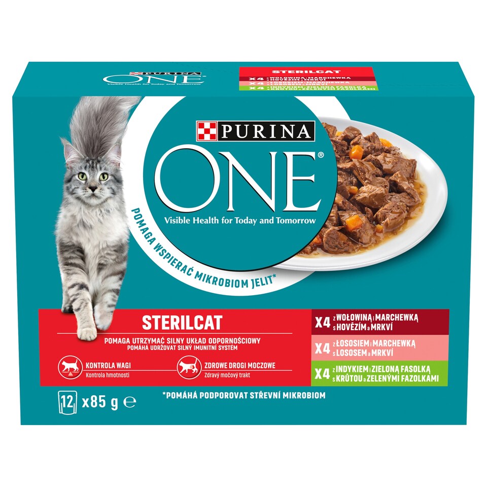 obrázok 1 z PURINA ONE STERILCAT s lososom, mrkvou, hovädzím, morkou, zelenými fazuľkami v šťave 12 x 85 g