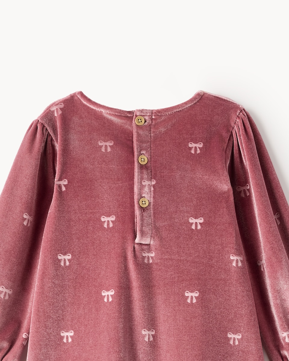 image 1 of F&F Baby Velvet Bow Print Dress in Pink