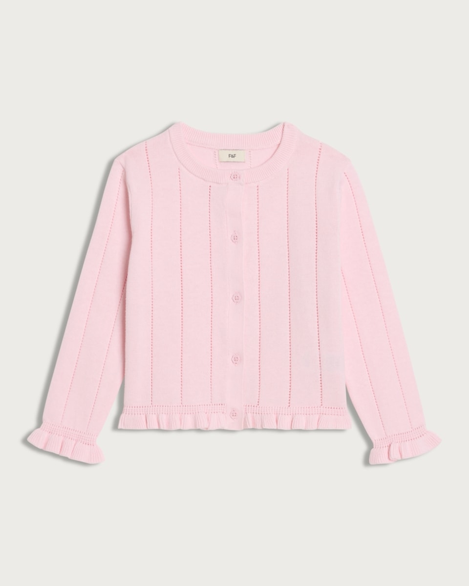 image 1 of F&F Girls Pure Cotton Pointelle Frill Trim Cardigan in Pink