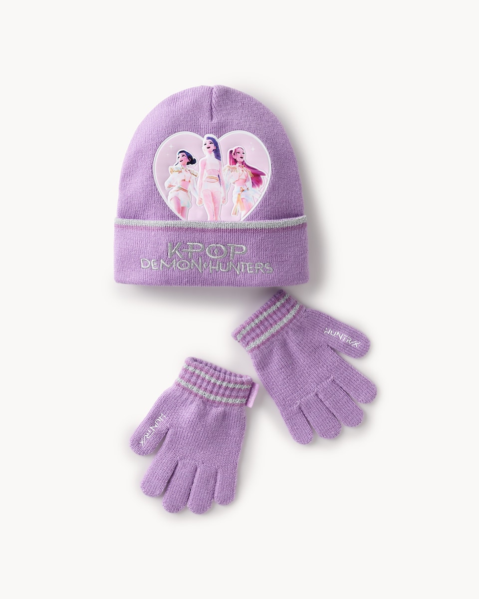 image 1 of K-Pop Demon Hunters 2-Piece Knitted Hat and Gloves Set in Lilac