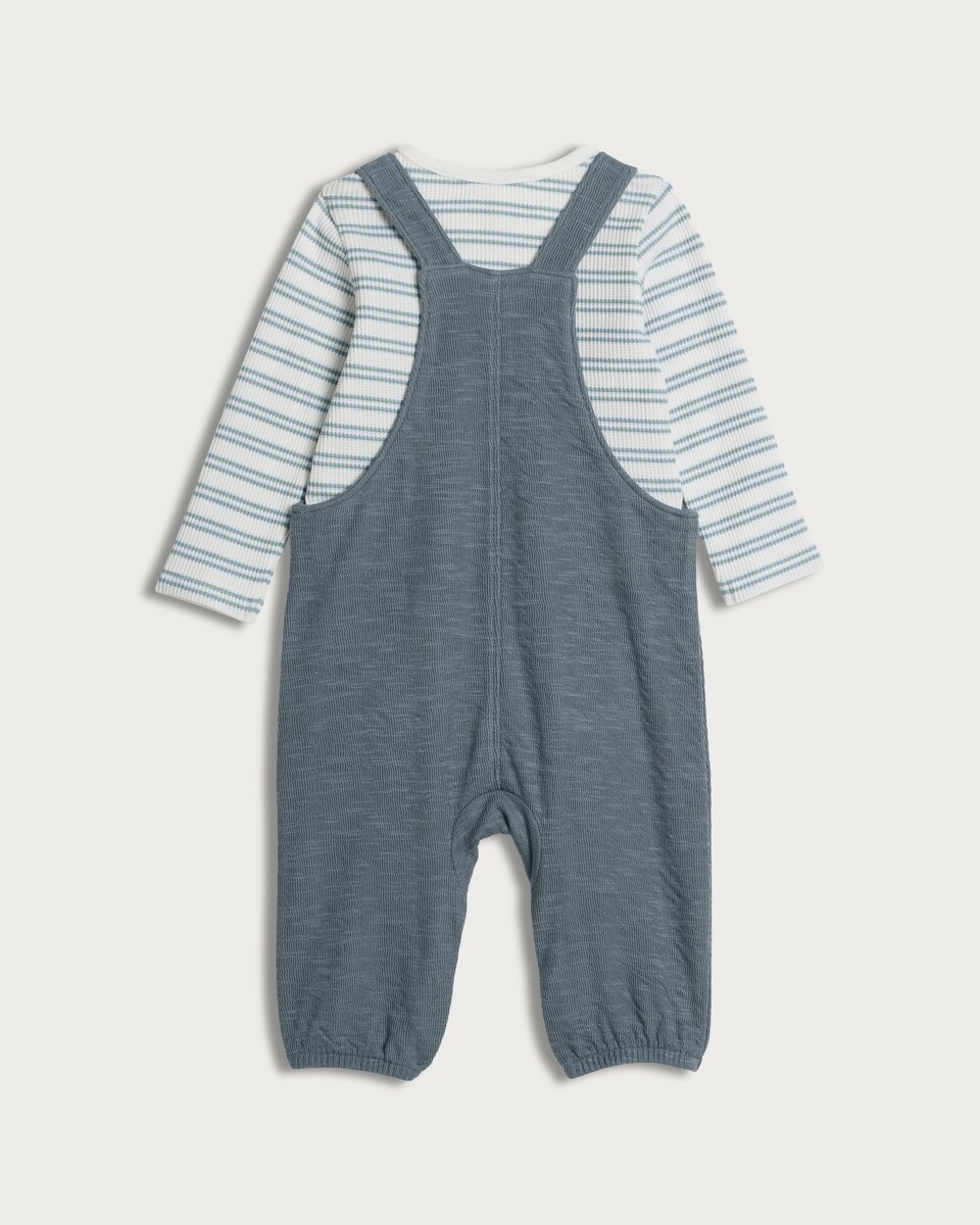 image 1 of F&F Baby 2-Piece Stripe Print Bodysuit and Dungarees Set in Grey
