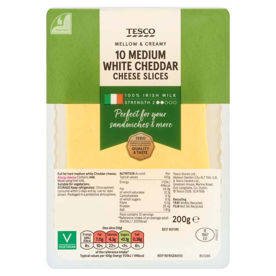 Tesco Mellow & creamy 10 Medium White Cheddar Cheese Slices 200g