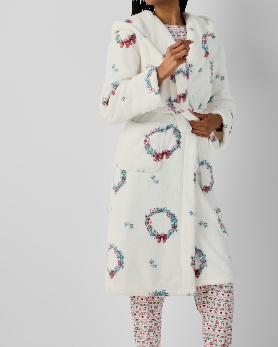 image 1 of Christmas Fleece Wreath Hooded Dressing Gown in Cream