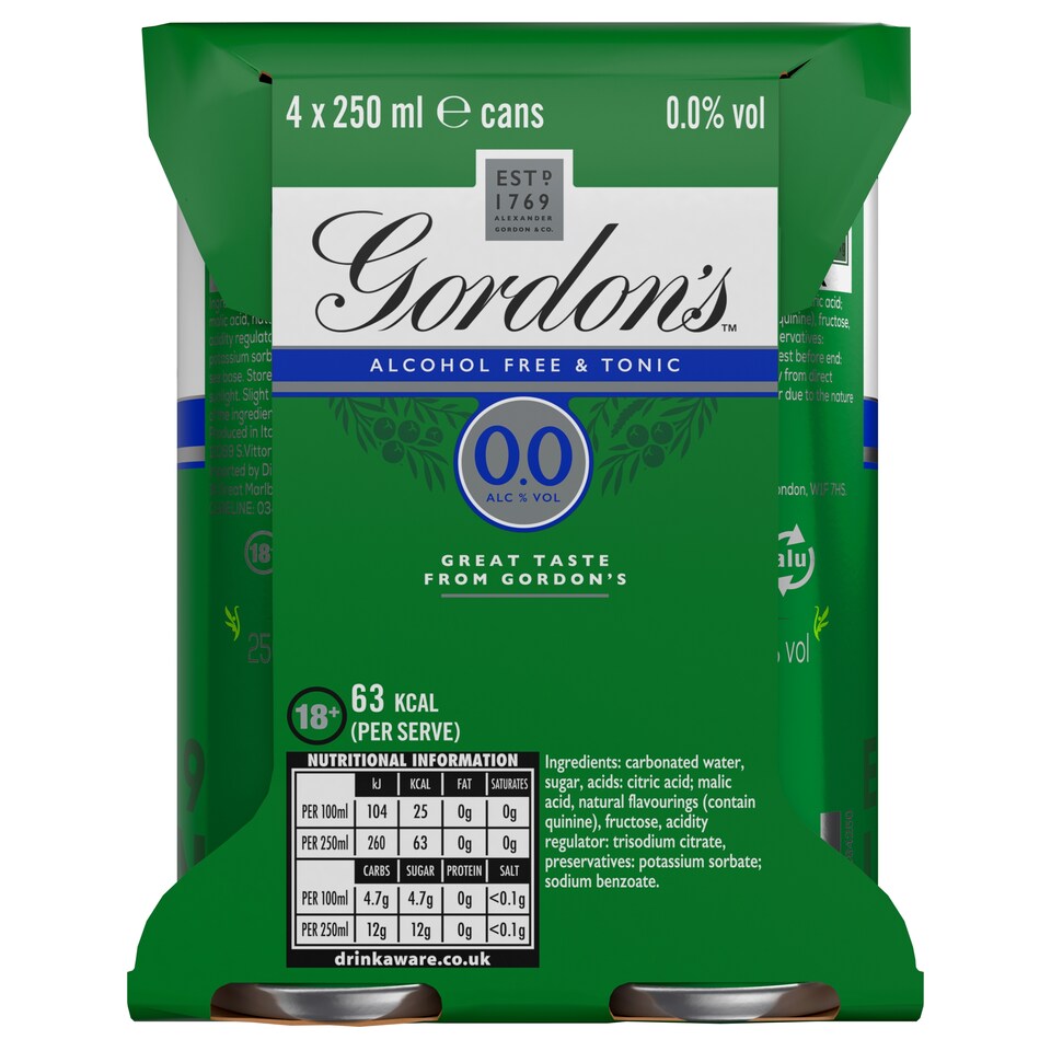 image 1 of Gordon's Alcohol Free Spirit & Tonic with Lime Can 0% Vol 4x250ml