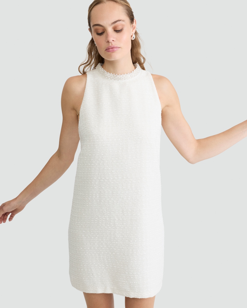 image 1 of The F&F Edit Boucle Embellished Neck Sleeveless Dress in Cream