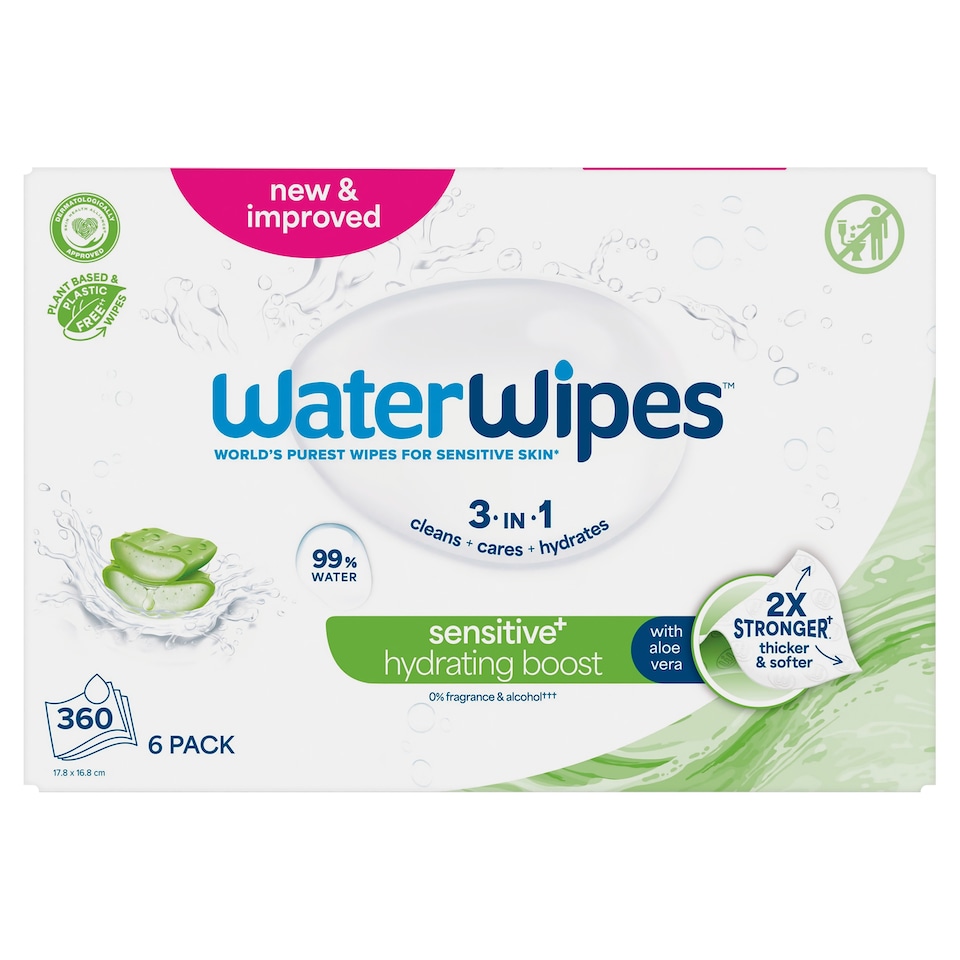 image 1 of WaterWipes Biodegradable Sensitive Hydrating Baby Wipes 6 pack 60 Wipes