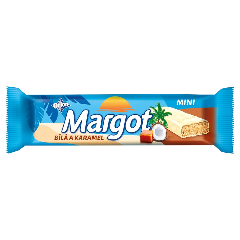 Margot mini biela a karamel, sójová tyčinka máčaná v bielej poleve s kúskami karamelu, 40 g