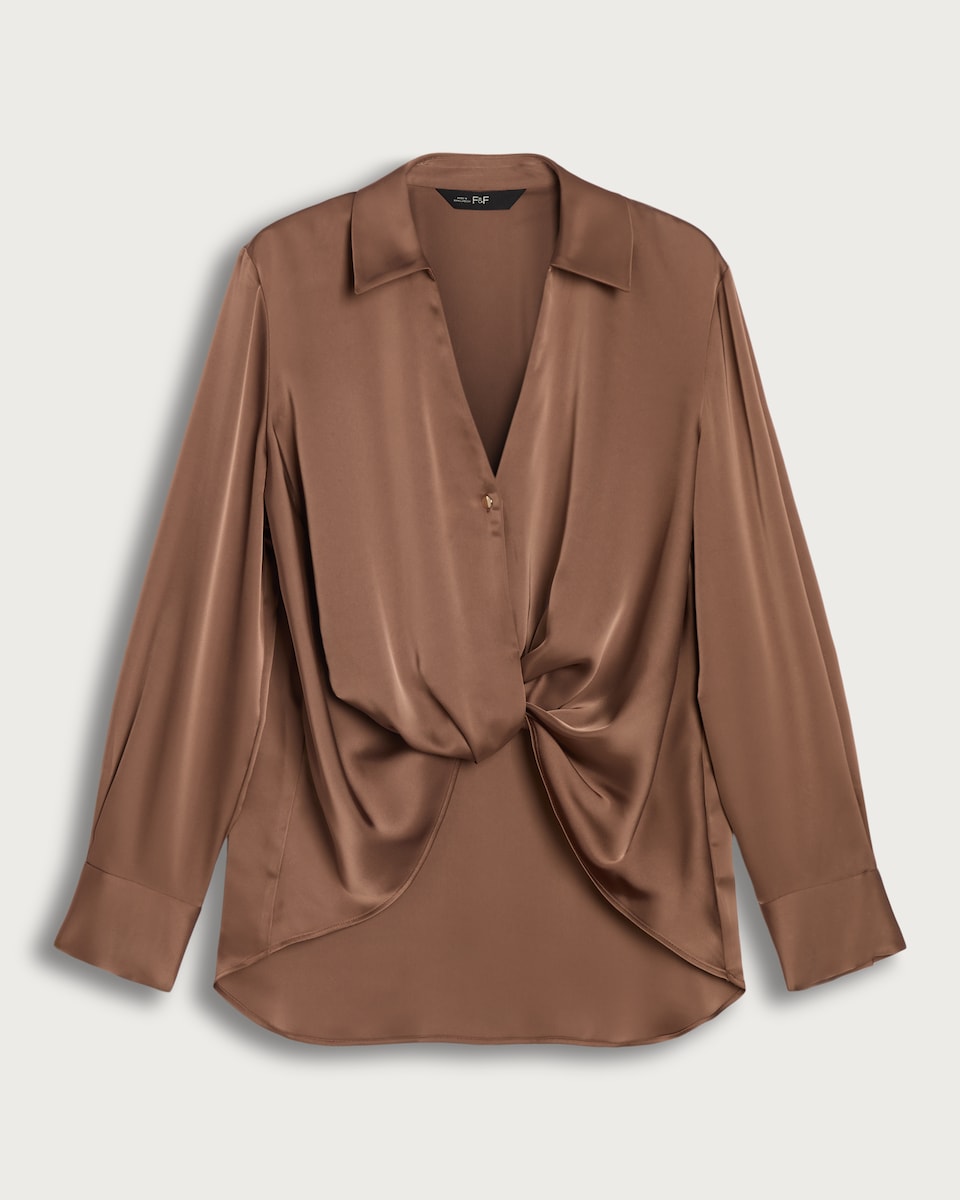 image 1 of F&F Satin Twist Front Long Sleeved Blouse in Mink