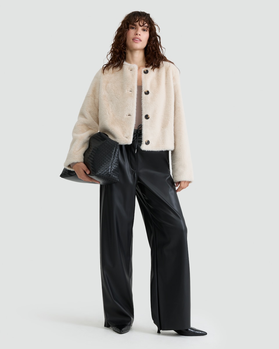 image 1 of F&F Faux Fur Cropped Buttoned Jacket in Neutral