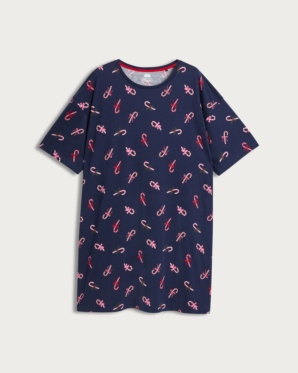 image 1 of F&F Pure Cotton Candy Cane Print Nightdress in Navy