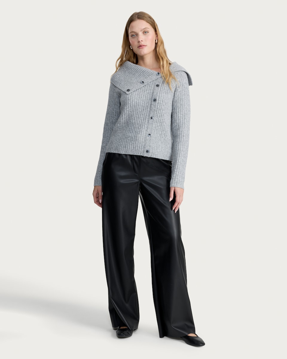 image 1 of F&F Ribbed Button Up Bardot Jumper in Grey
