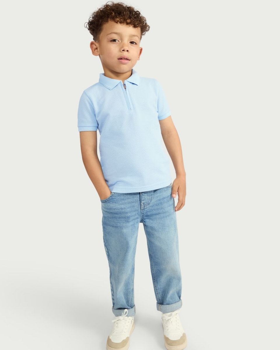 image 1 of F&F Boys Popcorn Textured Zip Neck Polo Shirt in Blue