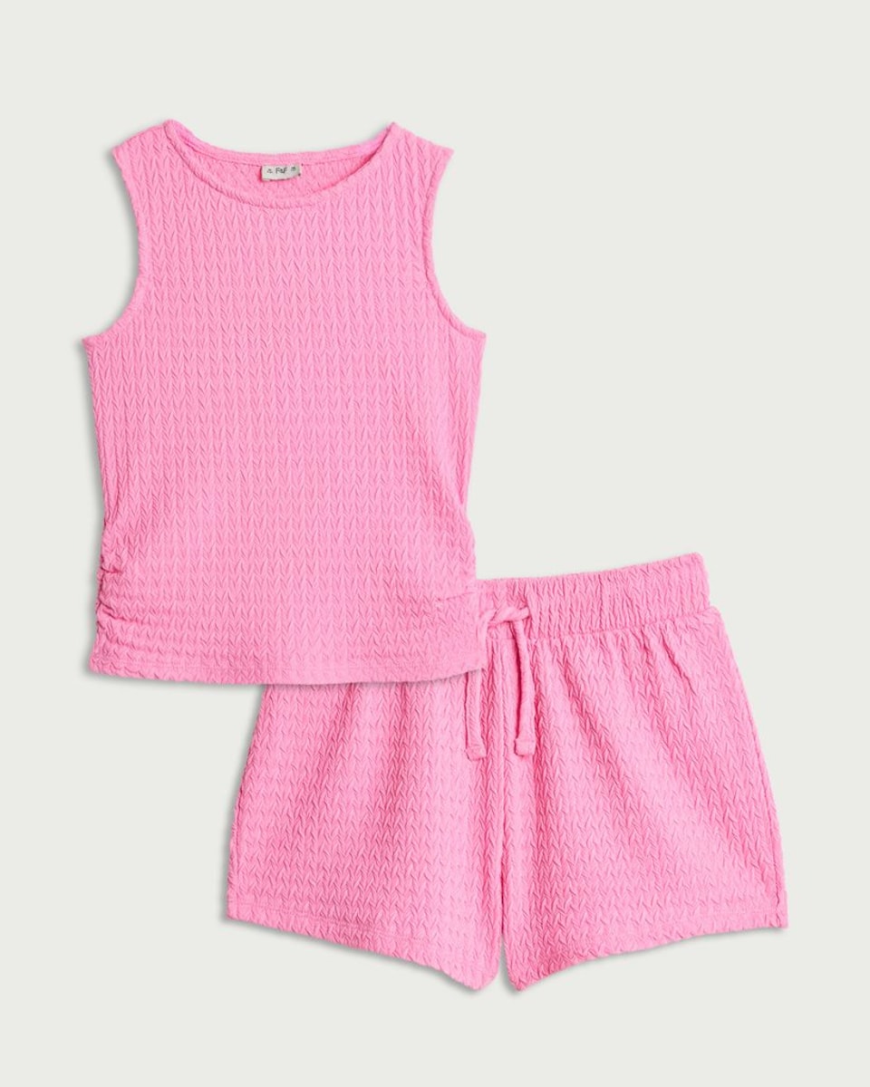 image 1 of F&F Girls 2-Piece Textured Vest and Shorts Set in Pink