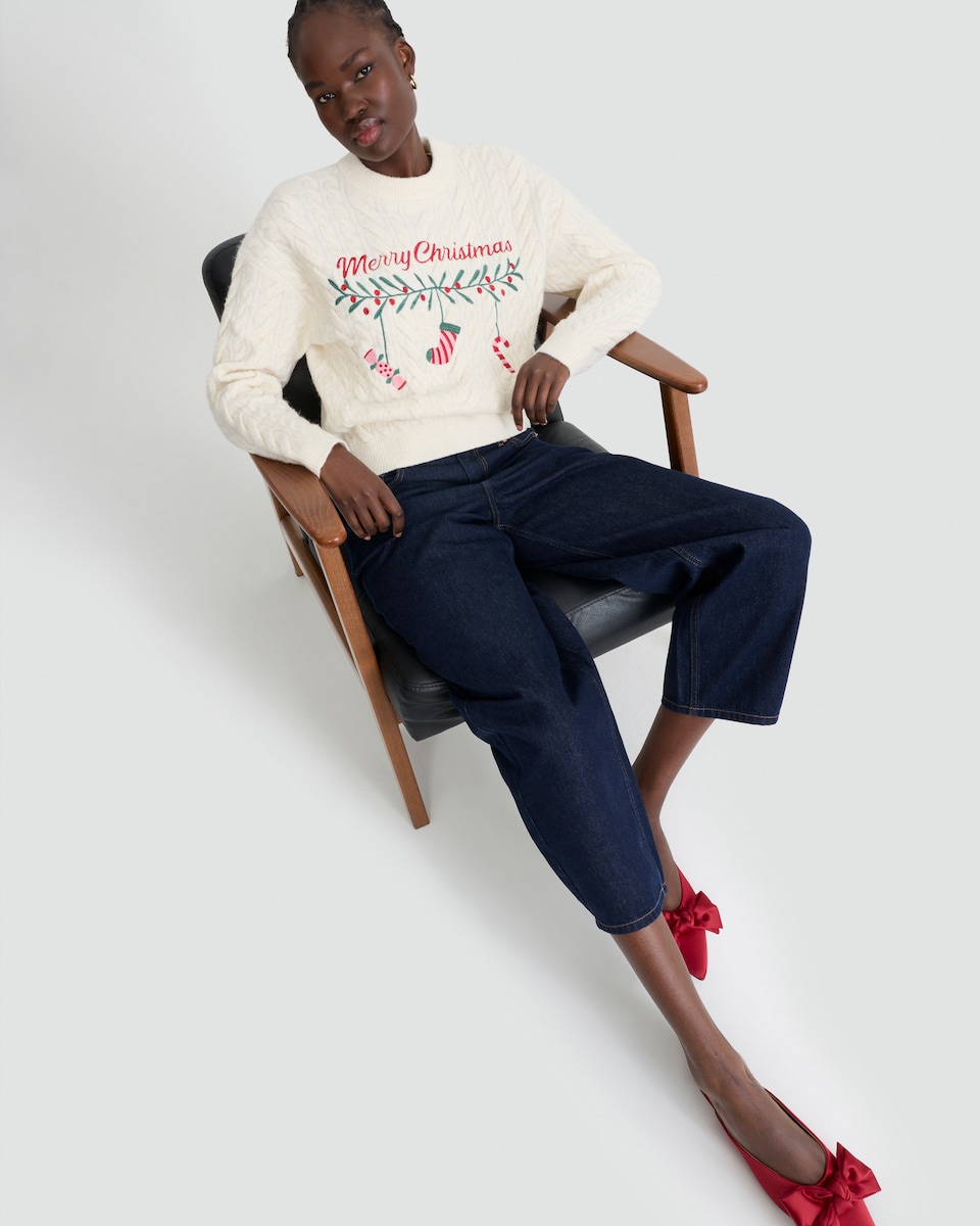 image 1 of F&F Cable Knit Merry Christmas Jumper with Wool in Neutral