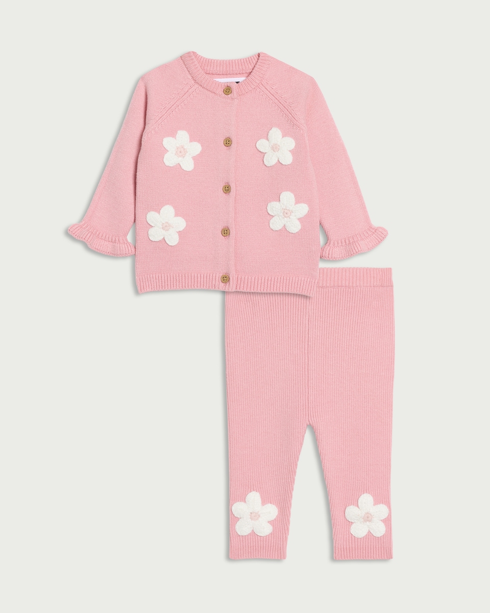 image 1 of F&F Baby Knitted Floral Cardigan and Leggings Set in Pink