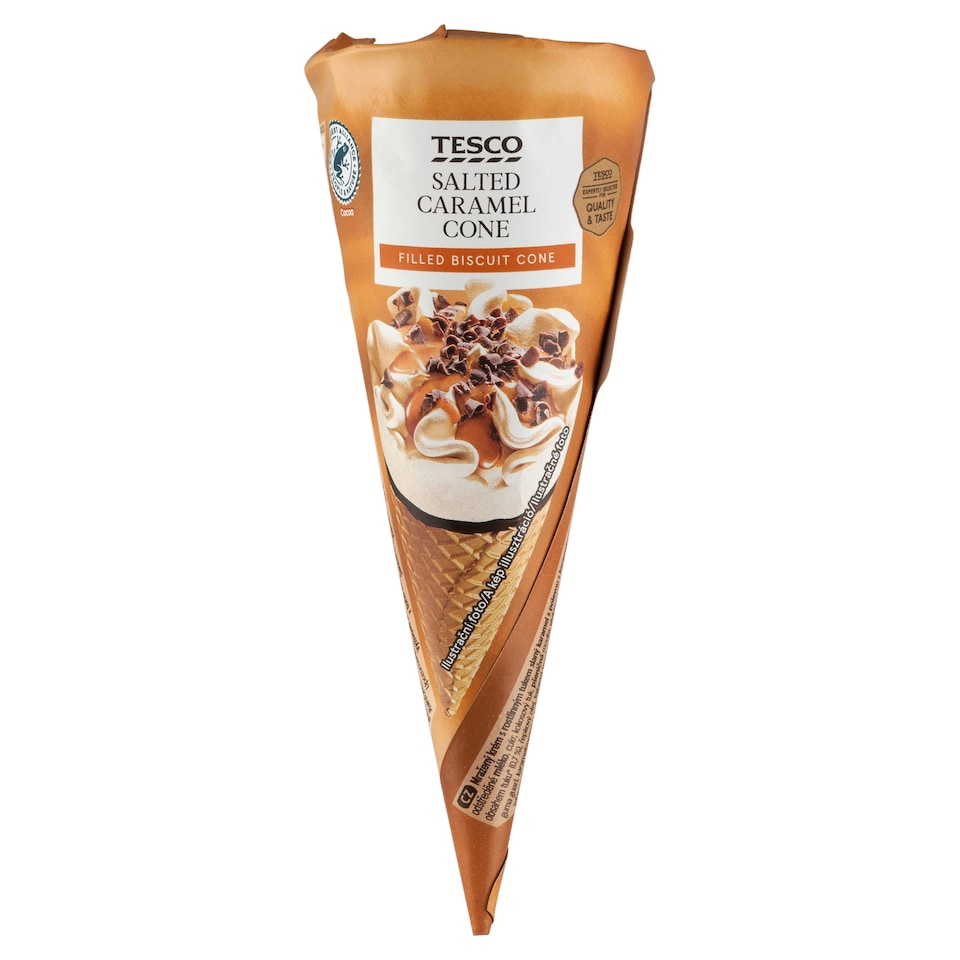 Tesco sós karamell ízű jégkrém karamellízű öntettel kakaós bevonóval bevont ostya tölcsérben 120 ml