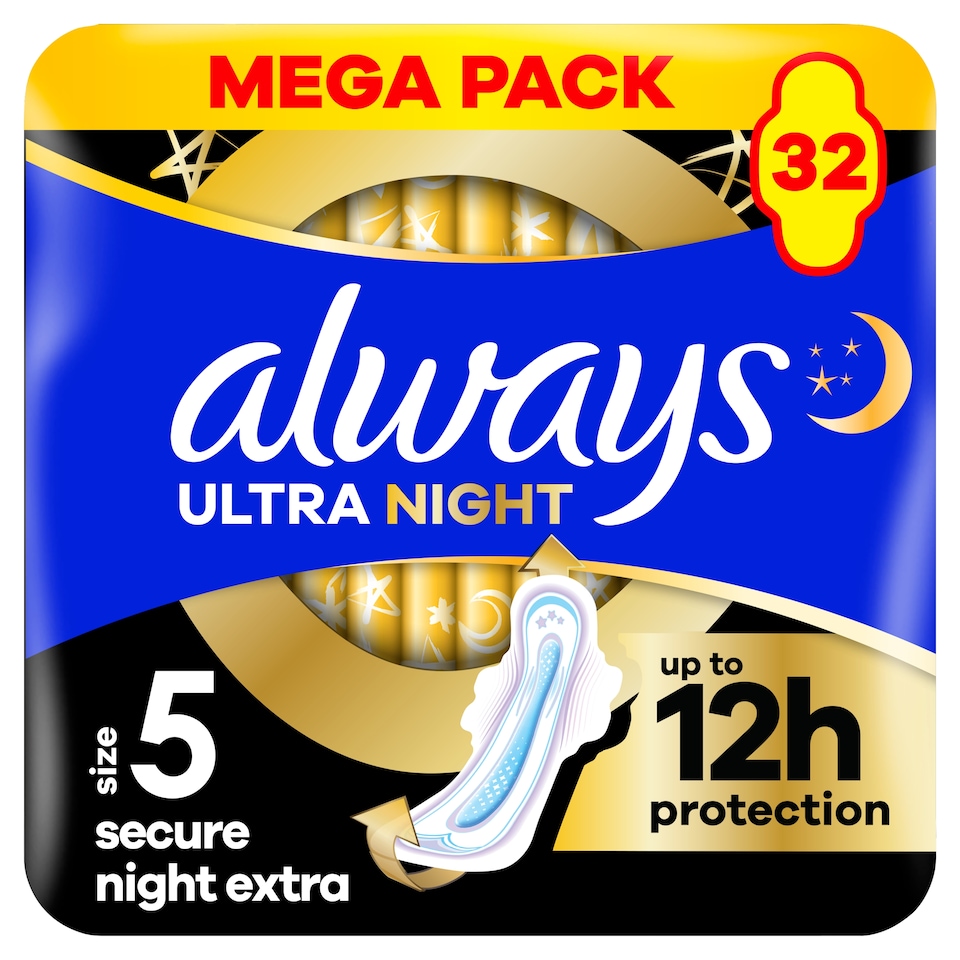 Always Ultra Secure Night Extra (5-ös Méretű) Szárnyas Betét Egészségügyi Betét, 32 Db 1. kép