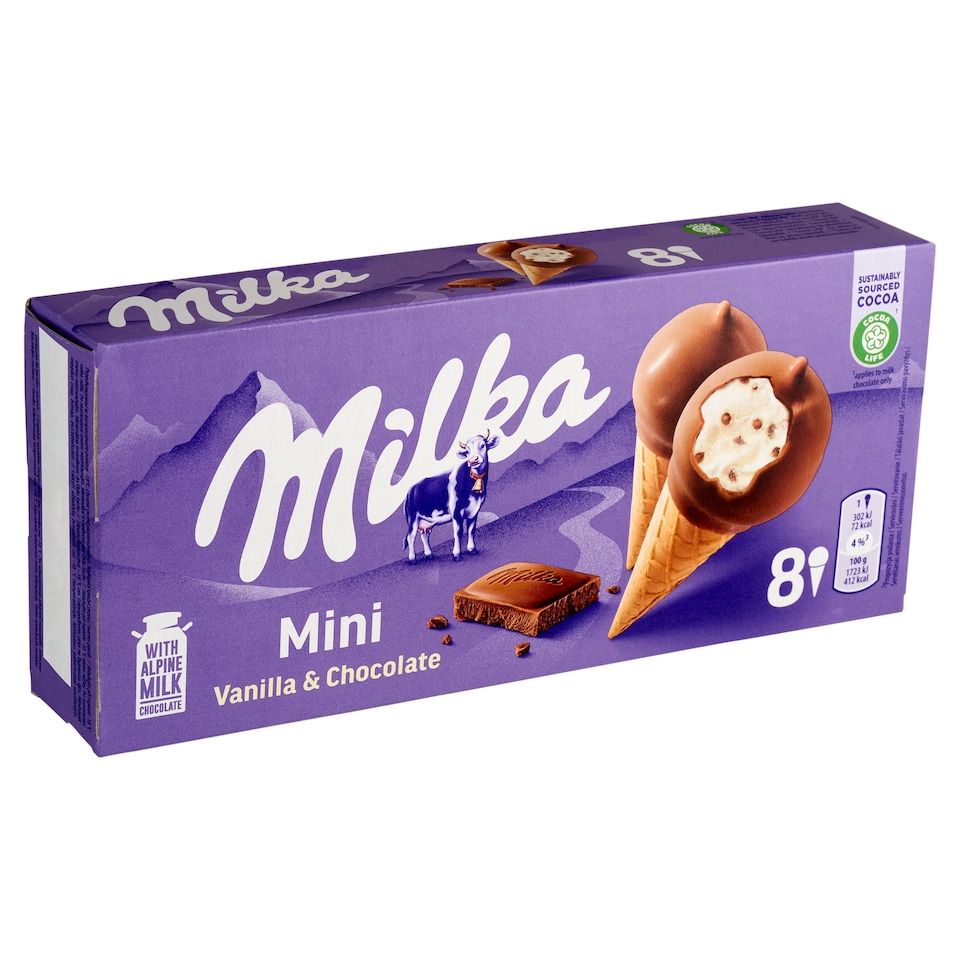 image 1 of Milka Mini Vanilla-Flavored Ice Cream in Mini Wafer Cone 8 x 25 ml (200 ml)