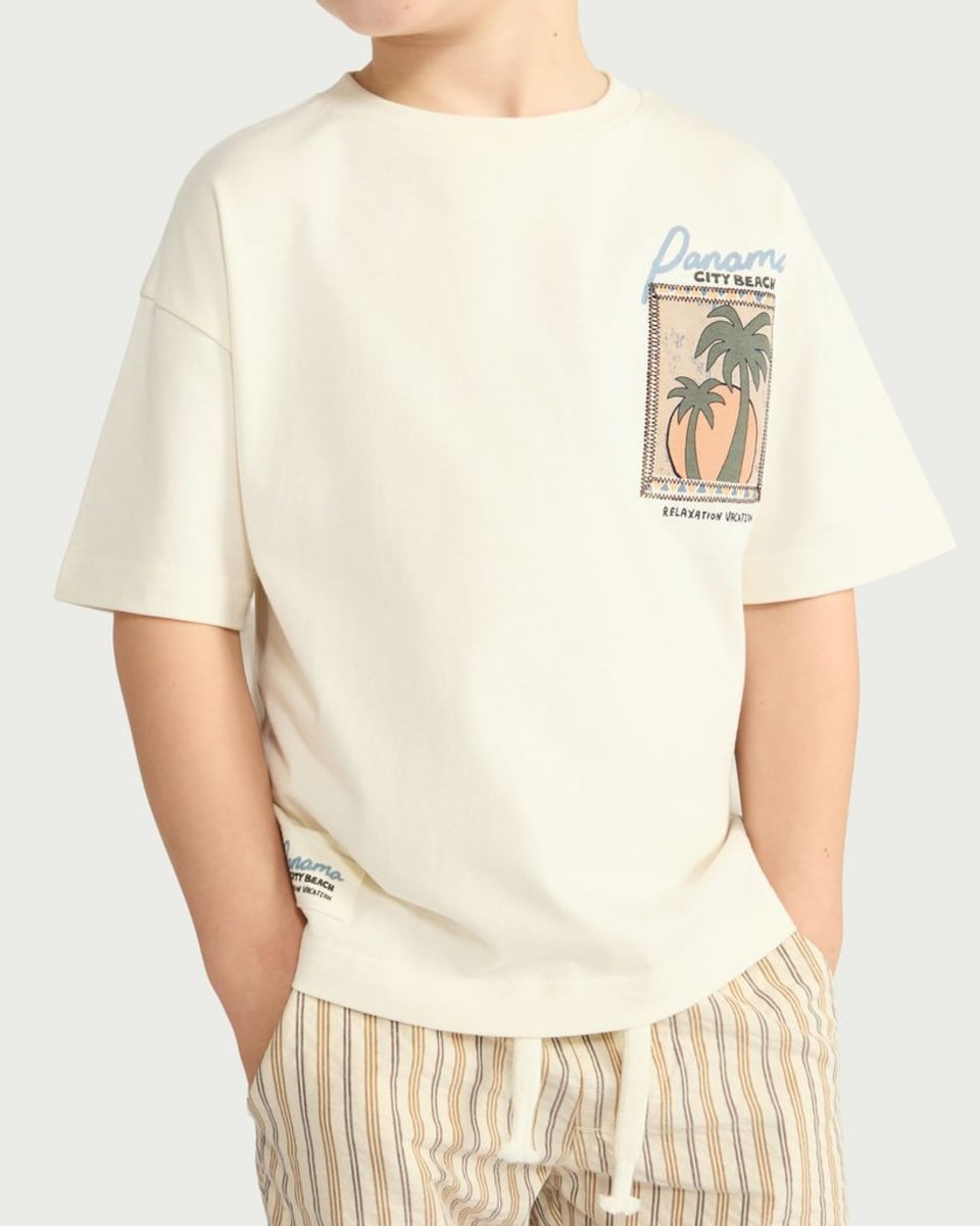 image 1 of F&F Boys 2-Piece Pure Cotton Panama City Beach T-Shirt and Striped Shorts Set in Stone
