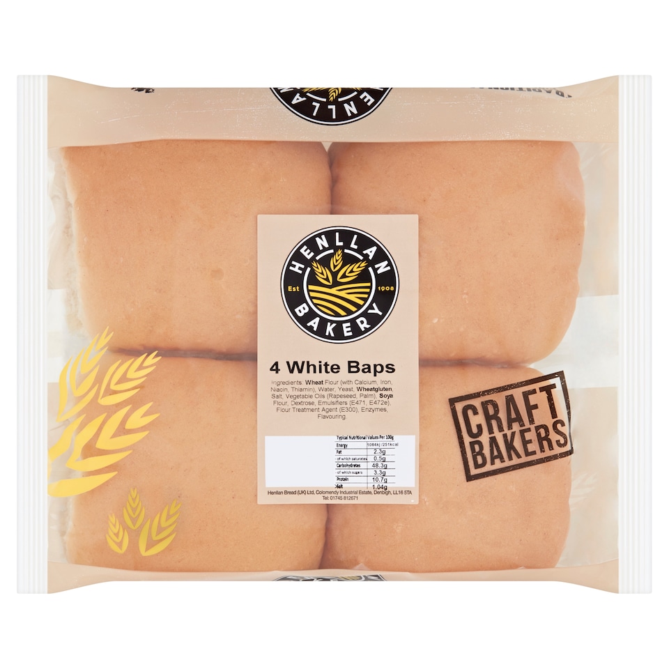 Henllan Bakery White Baps 4 Pack