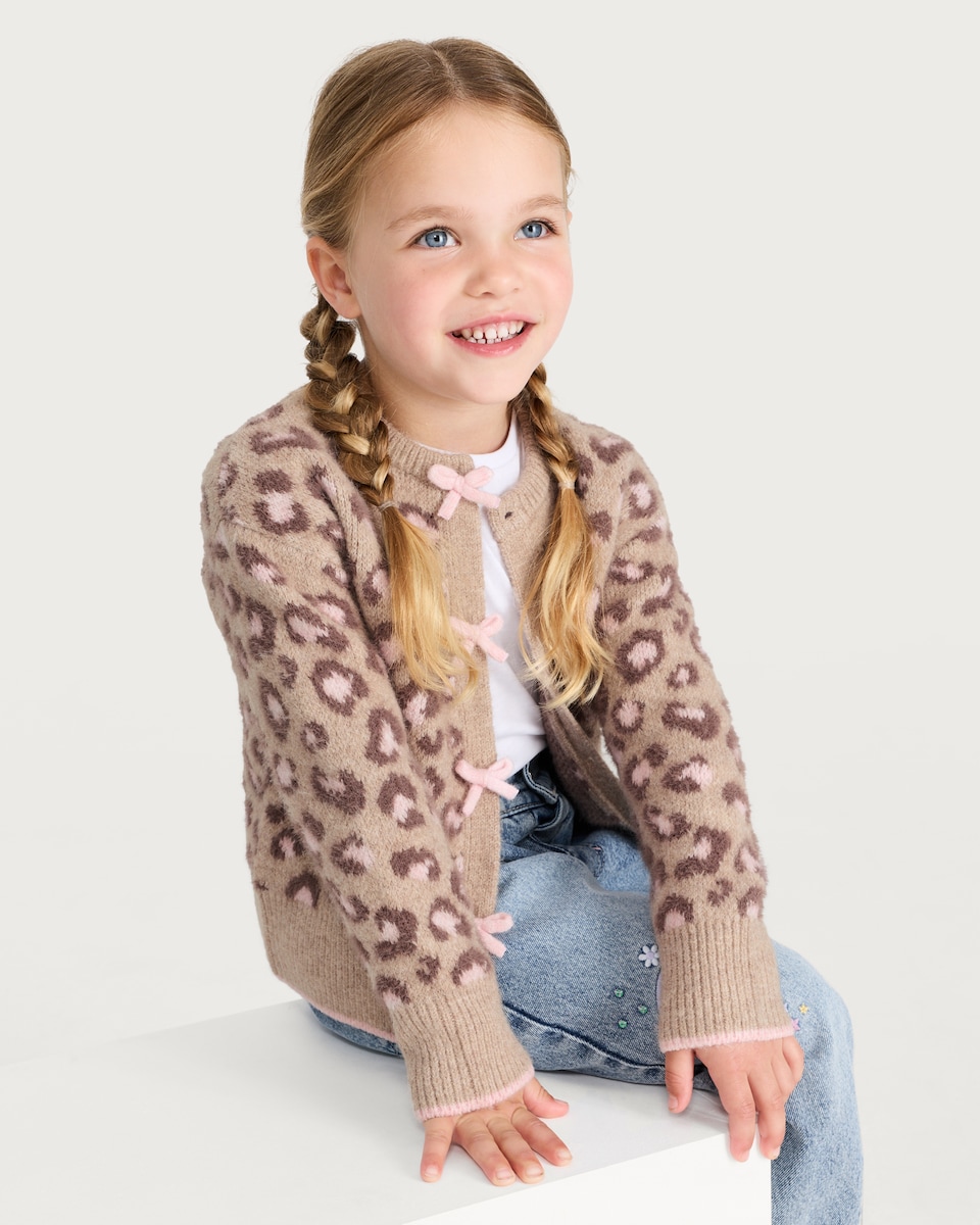 image 1 of F&F Girls Leopard Print Bow Cardigan in Brown